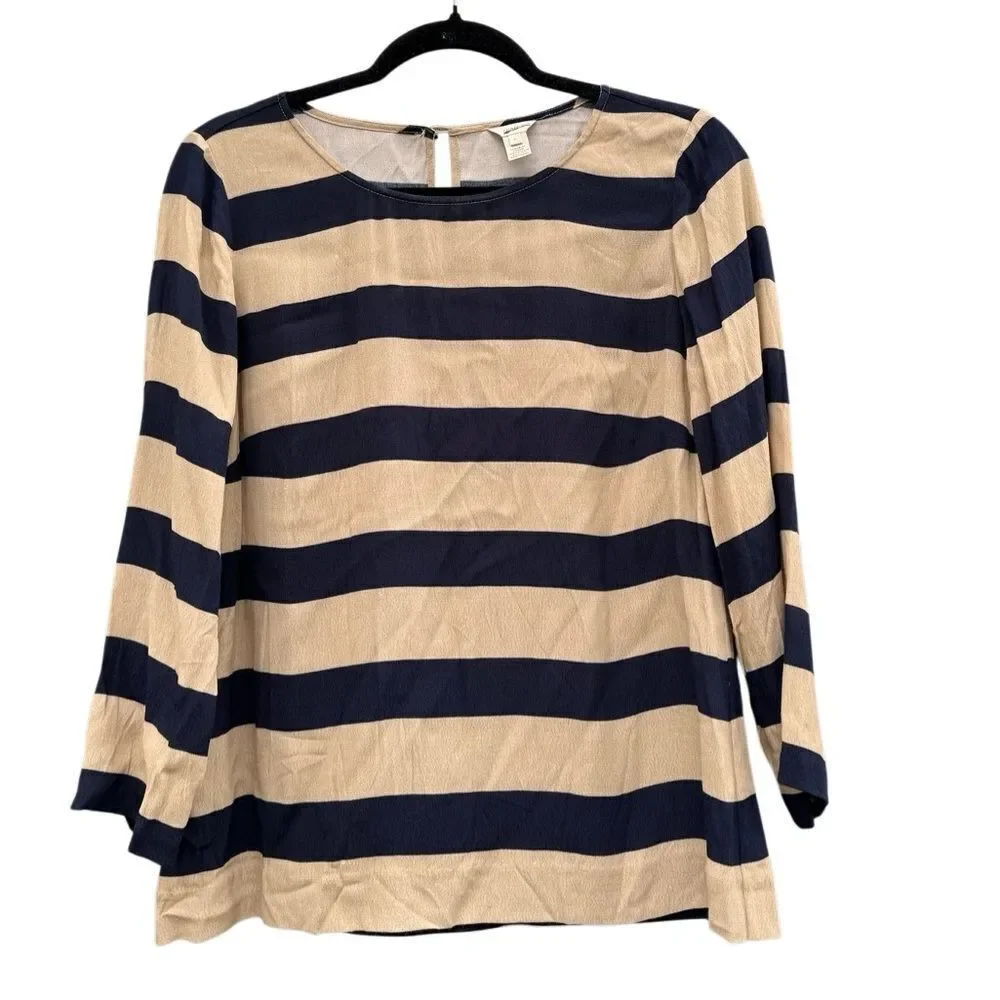 J. Crew Scoopneck Blouse in Navy Tan Seine Stripe Size 6